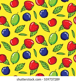 Summer seamless pattern with gooseberries, strawberries and blackberries. Vector illustration