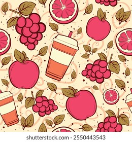 Summer seamless pattern with grapefruit, grapes, apples and juice cups. Repeat background with fruits and beverage.