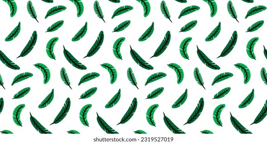 Summer seamless pattern with green feathers on a white background. Pattern for textiles, wrapping paper, backgrounds, wallpapers, decor