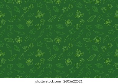 Summer seamless pattern, green tree leaves. Hand drawn. Vector illustration on green background