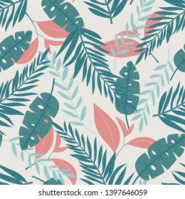 Summer seamless pattern with green tropical leaves on pastel background. Vector design. Flat jungle print. Floral background.