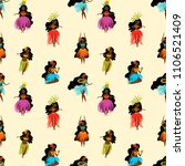 Summer seamless pattern with hand drawn Hawaiian girls. Women playing ukulele and dancing Hula.
