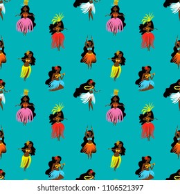 Summer seamless pattern with hand drawn Hawaiian girls. Women playing ukulele and dancing Hula.