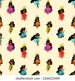 Summer seamless pattern with hand drawn Hawaiian girls. Women playing ukulele and dancing Hula.