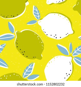 Summer seamless pattern with hand drawn fresh lemon and leaves. Vector illustration for fashion design and print. Abstract craft stamp style. 