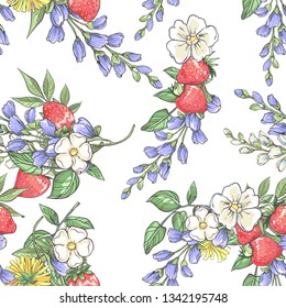 Summer seamless pattern with  hand drawn dandelion, strawberries and field flowers on white background