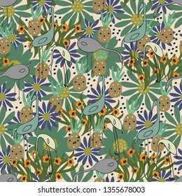 Summer  seamless pattern. Рrint with hand drawn  leaves, birds and flowers