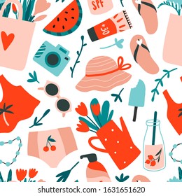 Summer seamless pattern. Hand drawn texture. Cute swimsuit, sunglasses, bag with flowers, ice cream, sun screen, wattermelon, camera. Doodle sea vacation or holiday symbols. Beach elements background