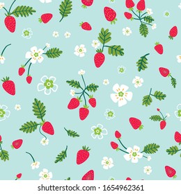 Summer seamless pattern with hand drawn of wild strawberries and flowers blooming beautifully on blue backdrop. Surface design for textile, wrapping paper and packaging.