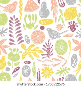 Summer seamless pattern with hand drawn doodle flowers, fruits and birds.  Vector  illustration.  