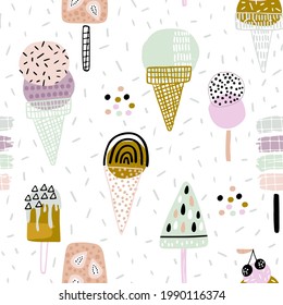 Summer seamless pattern with hand drawn different ice cream. Vector illustration