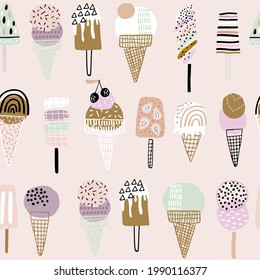 Summer seamless pattern with hand drawn different ice cream. Vector illustration