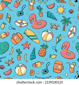 Summer seamless pattern with hand drawn doodles on blue background. Good for wrapping paper, scrapbooking, stationary, wallpaper, backgrounds, textile prints, kids apparel, etc. EPS 10