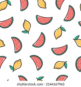 summer seamless pattern with hand drawn watermelons and lemons on white background. Good for wrapping paper, prints, scrapbooking, wallpaper, kids textile, etc. EPS 10