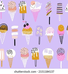 Summer seamless pattern with hand drawn ice cream. Modern Sweet  texture for fabric, textile, wallpaper. Vector illustration