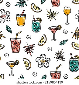 Summer seamless pattern with hand drawn in sketch style alcohol cocktails. Vintage vector backdrop with drinks, flowers and lemons on white background for textile, wrapping paper, menu