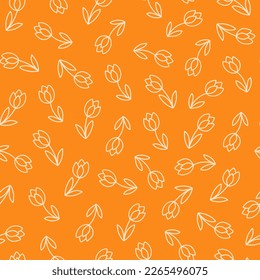 Summer seamless pattern with hand drawn flowers silhouettes. Simple floral wallpaper design. Nature background. Orange colour and tulips for Koningsdag (King's Day) celebration in the Netherlands.