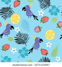 Summer seamless pattern with hand drawn doodle flowers, leaves, fruits and birds. Vector illustration.