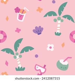 Summer Seamless Pattern with hand drawn beach elements. Tropical fruits and beach objects illustration.