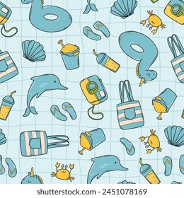 summer seamless pattern with hand drawn doodles on blue background for nursery textile prints, scrapbooking, stationary, wallpaper, backgrounds, wrapping paper, etc. EPS 10