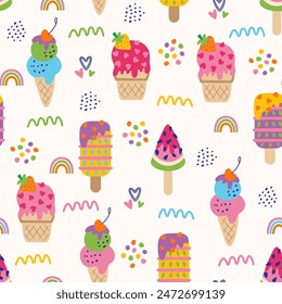 Summer seamless pattern with hand drawn colourful ice cream. Modern texture for fabric, textile, wallpaper. Vector illustration.