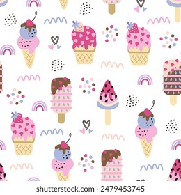 Summer seamless pattern with hand drawn colourful ice cream. Modern texture for fabric, textile, wallpaper. Vector illustration.