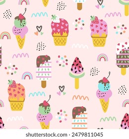 Summer seamless pattern with hand drawn colourful ice cream. Modern texture for fabric, textile, wallpaper. Vector illustration.