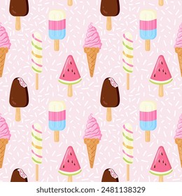 Summer seamless pattern with hand drawn different ice cream. Modern sweet ice-cream cone, popsicle, with fruit flavor on pink texture for fabric, textile, wallpaper. Vector illustration