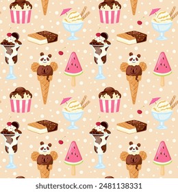 Summer seamless pattern with hand drawn different ice cream. Modern sweet ice-cream popsicle with sprinkling, scoop balls in cups on beige background for fabric, textile, wallpaper Vector illustration