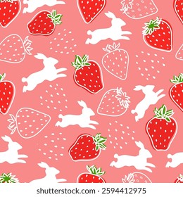 Summer seamless pattern with hand drawn strawberries and bunny silhouettes. Summer seasonal repeat pattern design, background, wallpaper, vector illustration.