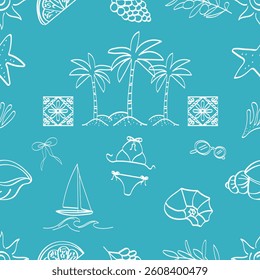 Summer seamless pattern with hand drawn sun, palm trees, fruits and yacht. Summer vacation and travel concept. Vector flat illustration.