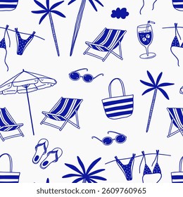 Summer seamless pattern with hand drawn beach elements. Vector illustration