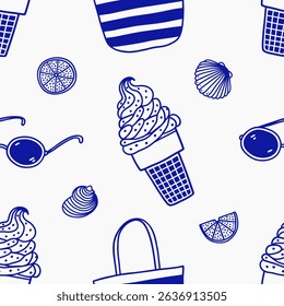 Summer seamless pattern with hand drawn beach elements. Vector illustration
