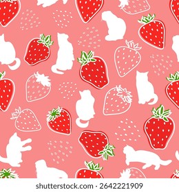Summer seamless pattern with hand drawn strawberries and cat silhouettes. Summer seasonal repeat pattern design, background, wallpaper, vector illustration.
