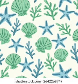 Summer seamless pattern with hand drawn sea shells. Marine background. Vector illustration