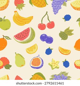 Summer seamless pattern with hand drawn fruits and berries. Cute print with of strawberry, watermelon, blueberry, orange, cherry, lemon. Vector.