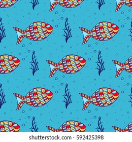 Summer seamless pattern with hand drawn  fish, 
seaweed . Marine background.