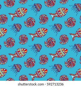 Summer seamless pattern with hand drawn sea shells, fish, 
jellyfish . Marine background.
