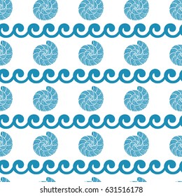 Summer seamless pattern with hand drawn sea shells. Marine background.