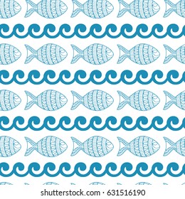 Summer seamless pattern with hand drawn fish and wave. Marine background.