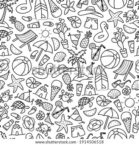 Summer seamless pattern with hand drawn doodles. Good for prints, textile, backgrounds, wallpaper, wrapping paper, packaging, coloring pages, etc. EPS 10
