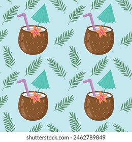 Summer seamless pattern with hand-drawn alcoholic cocktails and palm leaves. Vintage vector background with drinks, coconuts, palm leaves and lemons for textiles, wrapping paper, menus.