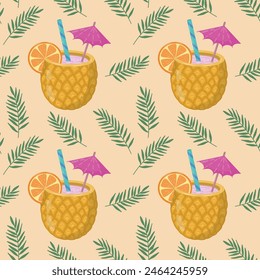 Summer seamless pattern with hand-drawn alcoholic cocktails with pineapples. Vintage vector background with pineapple cocktail,palm tree, lemons on a light background for textiles, wrapping paper,menu