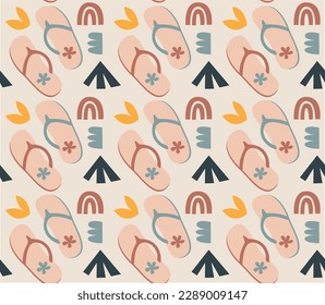 Summer seamless pattern with hand-drawn beach elements such as flip flops, palms, flowers, rainbow, waves, and sand. Fashion print design, vector illustration
