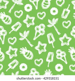 Summer seamless pattern with hand-drawn elements. Palm, pineapple, ice cream, cocktail, heart, star. Vector illustration.