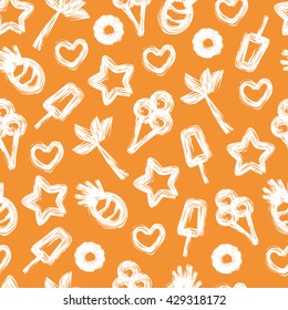 Summer seamless pattern with hand-drawn elements. Palm, pineapple, ice cream, cocktail, heart, star. Vector illustration.