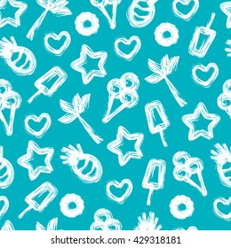 Summer seamless pattern with hand-drawn elements. Palm, pineapple, ice cream, cocktail, heart, star. Vector illustration.