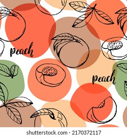 Patrón veraniego sin fisuras con melocotones dibujados a mano y manchas de colores.Melocotones frescos para tela, etiquetas de dibujo, impresión en camiseta, fondo de fruta.