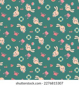 Summer seamless pattern with hares, crabs, lifeline and watermelon. Design for fabric, textile, wallpaper, packaging.