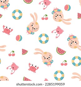 Summer seamless pattern with hares, crabs, lifeline and watermelon. Design for fabric, textile, wallpaper, packaging.	
